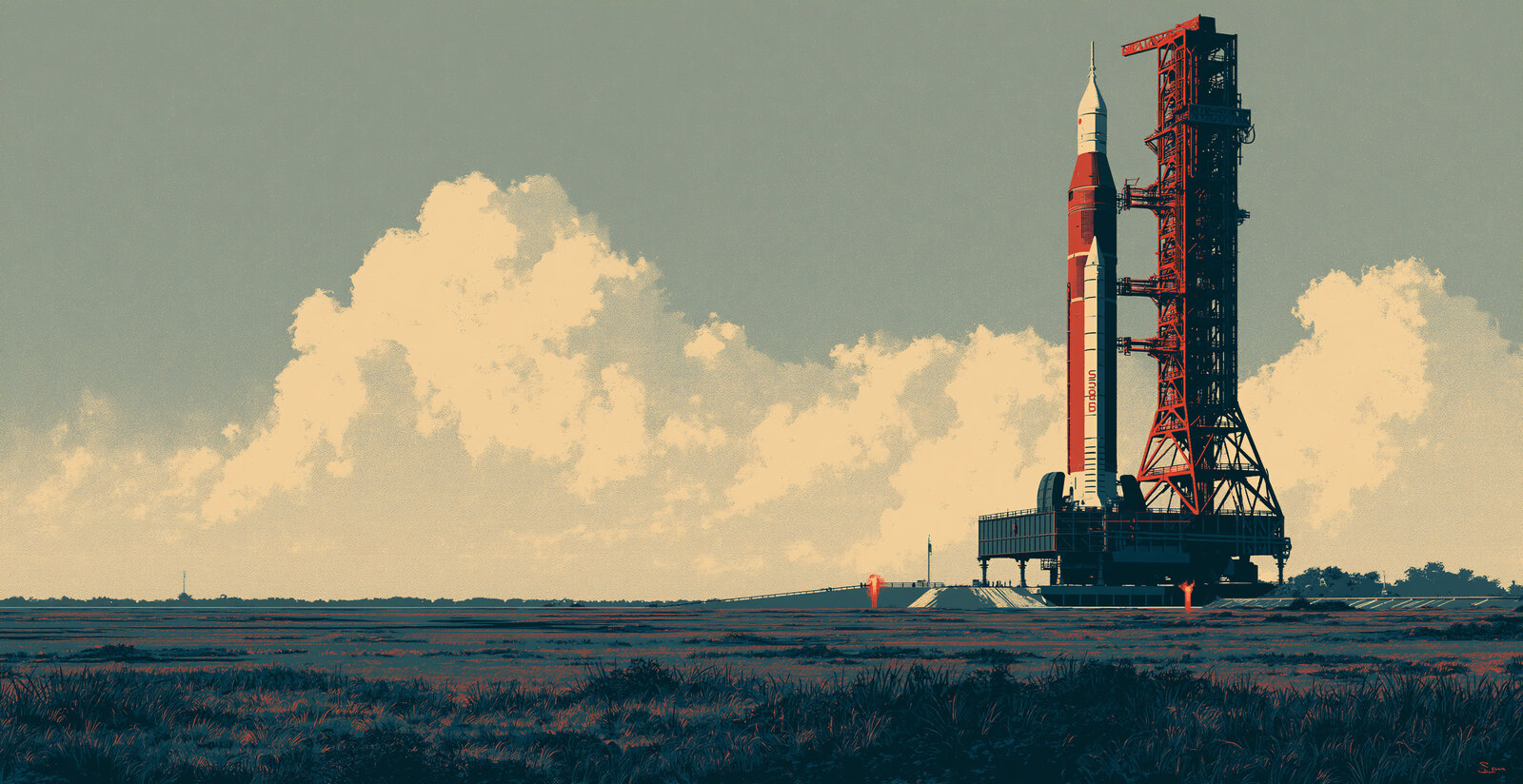 A painterly retro space-age rocket standing on its launch gantry beneath tall cumulus clouds.