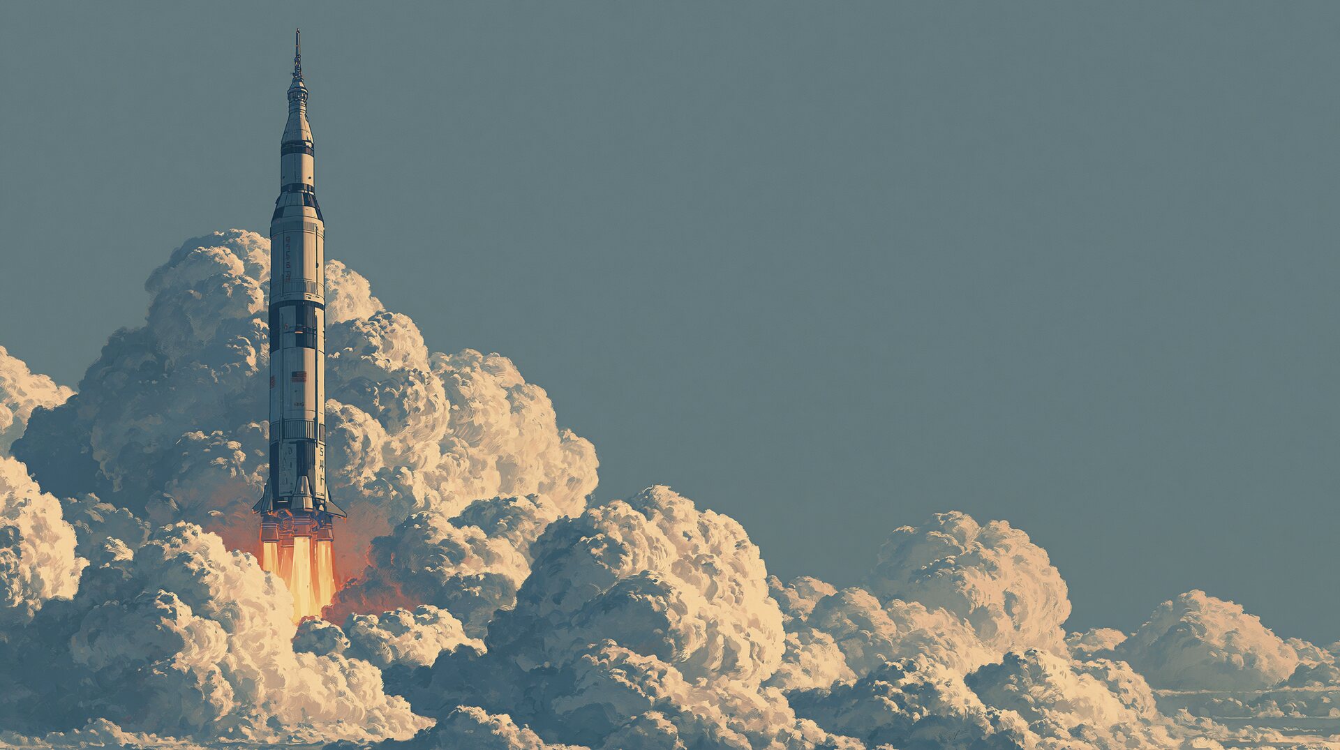 A painterly Saturn V rising through cumulus at dawn.